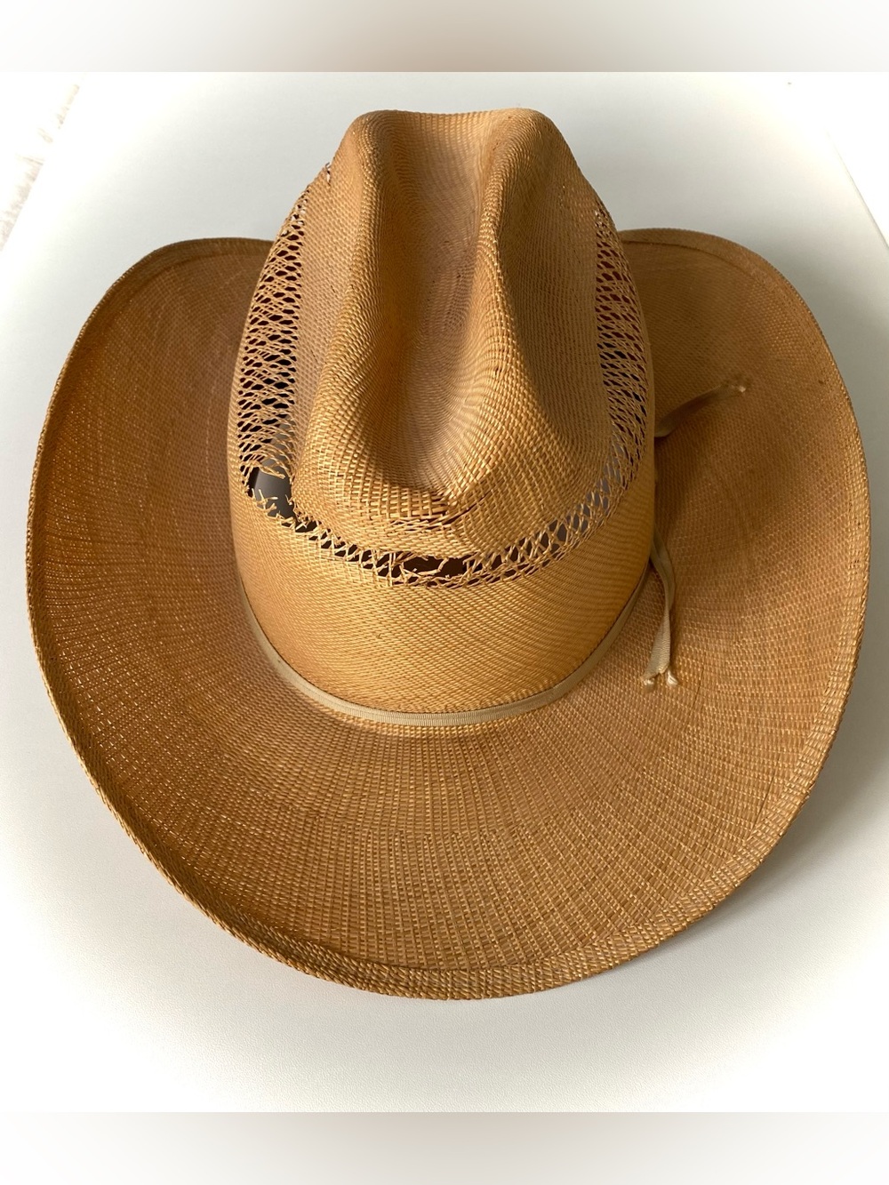 Vintage Stetson Tan Straw Western Hat with Distressed Ventilated Crown - Picture 2 of 11